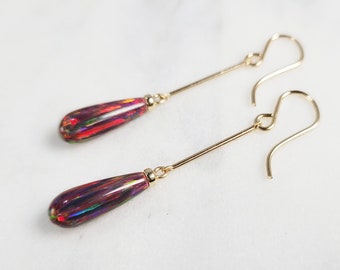 Red Fire Opal Earrings, October Birthstone /Handmade Jewelry/ Opal Long Dangle Earrings, Gold Opal Earrings, Dainty Gemstone Earrings