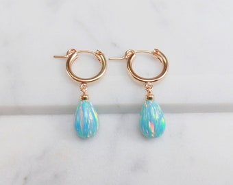 Opal Earrings, October Birthstone / Handmade Jewelry / Opal Hoop Huggie Earrings, Gold Opal Earrings, Minimalist Earrings, Dangle Earrings