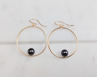 Black Freshwater Pearl Hoop Earrings, June Birthstone Handmade in 14k Gold-Filled or Sterling Silver