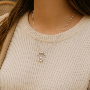 Vintage Inspired Sterling Silver Pearl Hoop Necklace – Classic Pearl Drop Pendant – Timeless Elegant Jewelry - Delicate Everyday Necklace