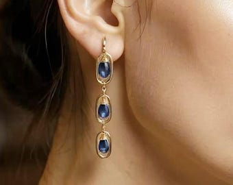 Kyanite Long Dangle Earrings, Gemstone Earrings, Dainty Blue Stone Earrings, Simple Everyday Earrings, Minimalist Earrings, Nickel Free