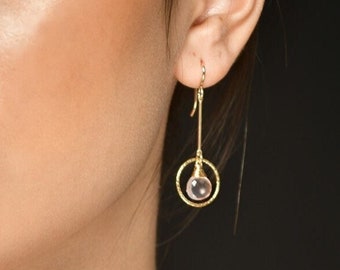 Rose Quartz Earrings, Crystal Earrings / Handmade Jewelry / Pink Gemstone Earrings, Gold Hoop Earrings, Dainty Earrings, Everyday Earrings