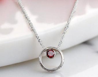 Dainty Garnet Hoop Necklace - Sterling Silver Vintage-Inspired Jewelry - January Birthstone Gift for Her - Elegant Boho Chic Gift for Her