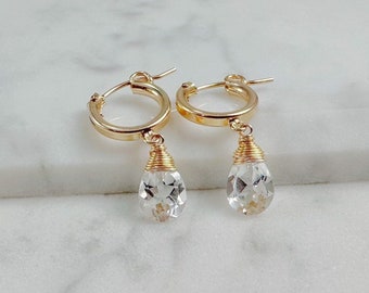 White Topaz Hoop Earrings, April Birthstone, Bridal Drop Earrings, Dainty Hoop Earrings, Cute Earrings, Gifts for Her, Hoop Huggie Earrings