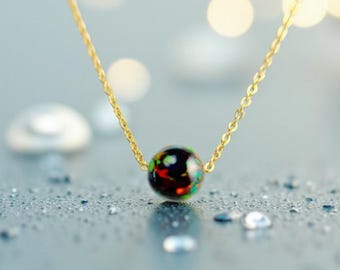 Black Fire Opal Floating Necklace, October Birthstone Jewelry, 14k Gold Filled / Sterling Silver Chain & Length of your choice, Kyocera Opal