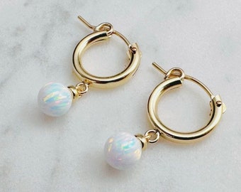 White Opal Huggie Hoops, October Birthstone Earrings /Handmade Jewelry/ Huggie Hoop Earrings, Opal Dangle Earrings, Gemstone Earrings,Dainty