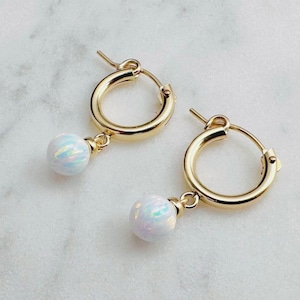 White Opal Huggie Hoops, October Birthstone Earrings /Handmade Jewelry/ Huggie Hoop Earrings, Opal Dangle Earrings, Gemstone Earrings,Dainty