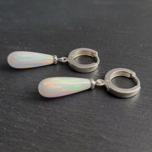 Opal Huggie Hoops • October Birthstone Earrings • Handmade Jewelry • Silver Opal Hoop Earrings • Opal Dangle Earrings • Dainty Gemstone Earrings