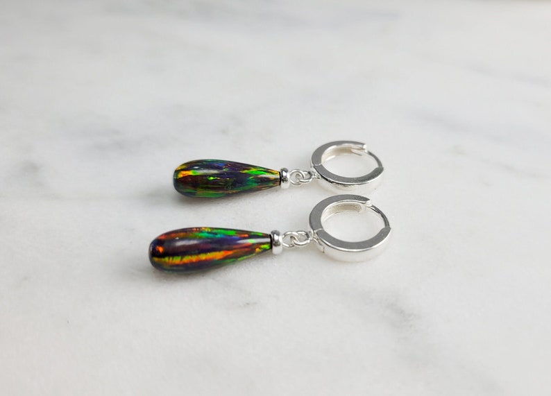 Black Opal Huggie Hoops, October Birthstone Earrings /Handmade Jewelry/ Silver Opal Hoop Earrings, Opal Dangle Earrings, Gemstone Earrings Black Opal