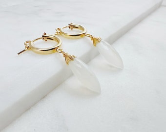 White Moonstone Hoop Huggie Earrings, June Birthstone /Handmade Jewelry/ Bridal Earrings, Gold Moonstone Earrings, Dainty Gemstone Earrings