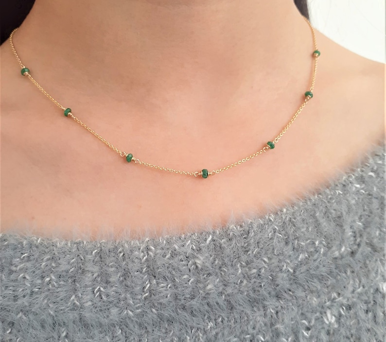 Genuine Emerald Necklace • May Birthstone • Handmade Jewelry • Necklaces for Women • Gemstone Necklace • Layered Necklace • Beaded Choker • Simple Gold Necklace