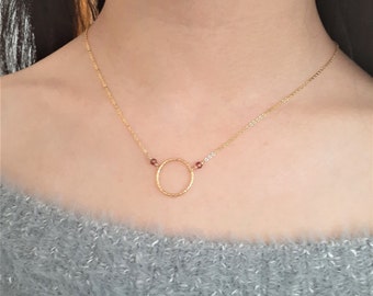 Genuine Garnet Necklace, January Birthstone / Handmade Jewelry / Simple Gold Necklace, Silver Necklace, Necklaces for Women, Hoop Necklace