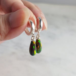 Black Opal Huggie Hoops, October Birthstone Earrings /Handmade Jewelry/ Silver Opal Hoop Earrings, Opal Dangle Earrings, Gemstone Earrings image 6