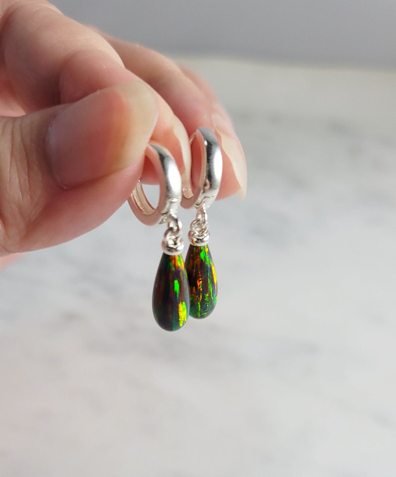 Black Opal Huggie Hoops, October Birthstone Earrings /Handmade Jewelry/ Silver Opal Hoop Earrings, Opal Dangle Earrings, Gemstone Earrings image 6