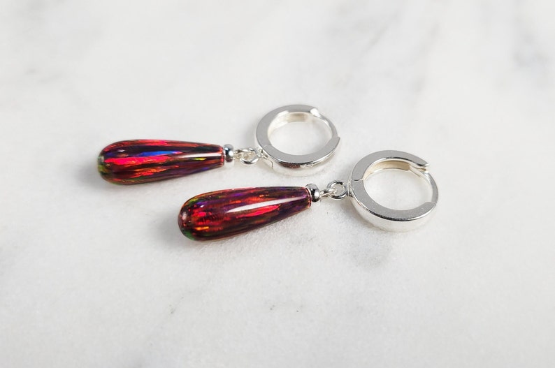 Black Opal Huggie Hoops, October Birthstone Earrings /Handmade Jewelry/ Silver Opal Hoop Earrings, Opal Dangle Earrings, Gemstone Earrings Red Fire Opal