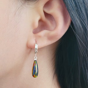 Black Opal Huggie Hoops, October Birthstone Earrings /Handmade Jewelry/ Silver Opal Hoop Earrings, Opal Dangle Earrings, Gemstone Earrings image 4