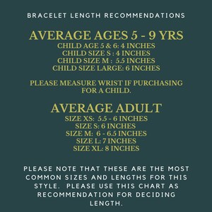 May include: A green and gold chart with bracelet length recommendations for children and adults. The chart lists average ages and sizes with corresponding bracelet lengths in inches.