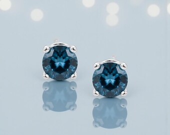 Boucles D'oreilles Clous En Argent Sterling 925 Avec Topaze London Blue - Neuf, Fait Main