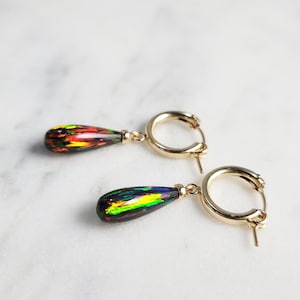Opal Earrings, October Birthstone / Handmade Jewelry / Opal Hoop Huggie Earrings, Gold Opal Earrings, Minimalist Earrings, Dangle Earrings