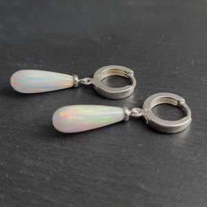 Opal Huggie Hoops, October Birthstone Earrings /Handmade Jewelry/ Silver Opal Hoop Earrings, Opal Dangle Earrings, Dainty Gemstone Earrings