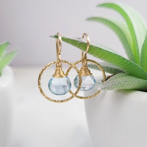 Genuine Aquamarine Earrings, March Birthstone / Handmade Jewelry / Hoop Earrings, Dainty Earrings, Gold Hoop Earrings, Minimalist Delicate