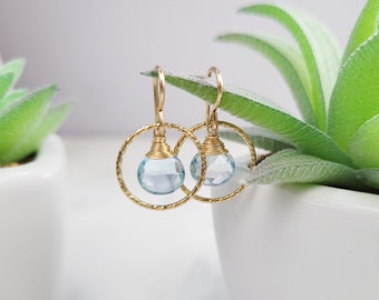 Genuine Aquamarine Earrings, March Birthstone / Handmade Jewelry / Hoop Earrings, Dainty Earrings, Gold Hoop Earrings, Minimalist Delicate