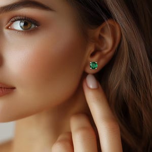 Emerald Stud Earrings - May Birthstone Jewelry, Green Gemstone Studs, Lab-Created Emerald Earrings, Dainty Everyday Studs, Gift for Her