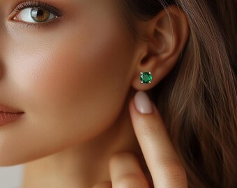 Emerald Stud Earrings - May Birthstone Jewelry, Green Gemstone Studs, Lab-Created Emerald Earrings, Dainty Everyday Studs, Gift for Her