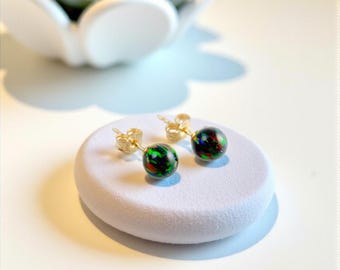 Black Fire Opal Studs, October Birthstone Studs/ Handmade Jewelry / Opal Stud Earrings, Opal Earrings, Unisex Studs, Minimalist Dainty