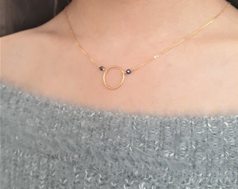 Black Spinel Necklace, August Birthstone Necklace / Handmade Jewelry / Dainty Hoop Necklace, Simple Gold Necklace, Necklaces for Women, Boho