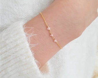 Delicada pulsera de cuarzo rosa, pulseras para mujer, joyas hechas a mano, joyas de cuarzo rosa, pulsera de cadena de oro o plata de ley, delicada