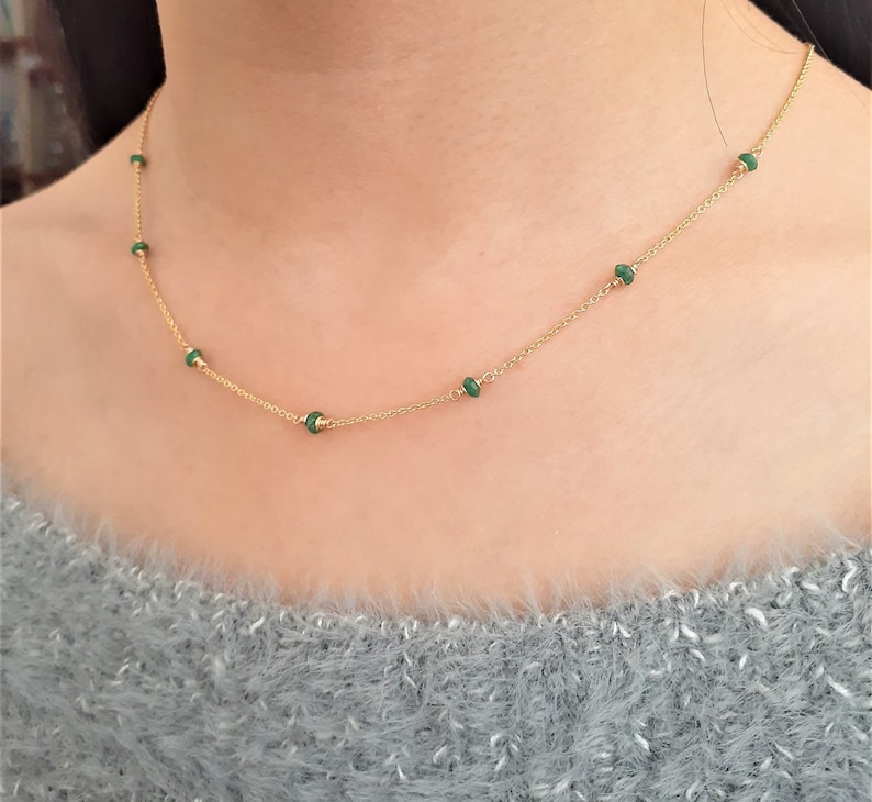Genuine Emerald Necklace • May Birthstone • Handmade Jewelry • Necklaces for Women • Gemstone Necklace • Layered Necklace • Beaded Choker • Simple Gold Necklace