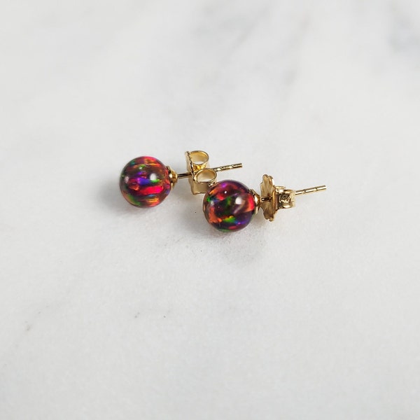 Red Fire Opal Studs, October Birthstone Studs/ Handmade Jewelry / Opal Stud Earrings, Opal Earrings, Unisex Studs, Minimalist Studs, Dainty