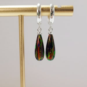 Black Opal Huggie Hoops, October Birthstone Earrings /Handmade Jewelry/ Silver Opal Hoop Earrings, Opal Dangle Earrings, Gemstone Earrings image 3