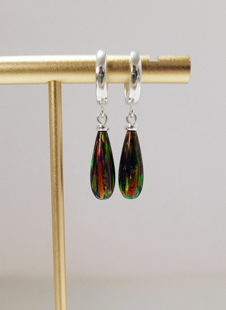 Black Opal Huggie Hoops, October Birthstone Earrings /Handmade Jewelry/ Silver Opal Hoop Earrings, Opal Dangle Earrings, Gemstone Earrings image 3