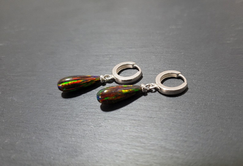 Black Opal Huggie Hoops, October Birthstone Earrings /Handmade Jewelry/ Silver Opal Hoop Earrings, Opal Dangle Earrings, Gemstone Earrings image 2