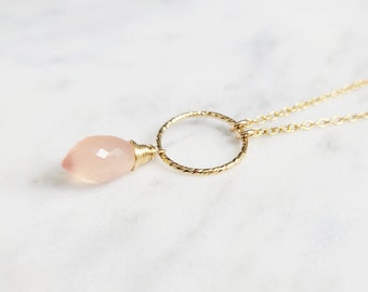 Pink Chalcedony Necklace, Gemstone Necklace / Handmade Jewelry / Simple Gold Necklace, Necklaces for Women, Hoop Necklace, Gemstone Choker