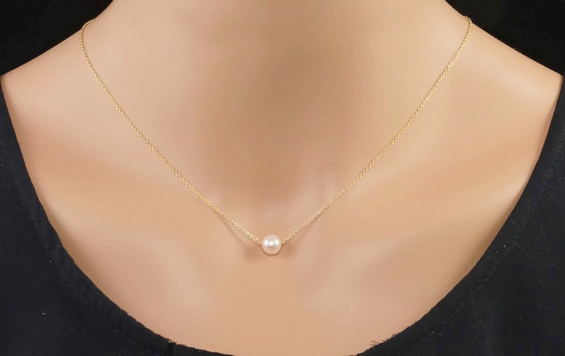 Silver Necklace Akoya Pearl Floating Necklace June Birthstone Dainty Bridal Necklace Simple Gold Necklace Single Pearl Necklace