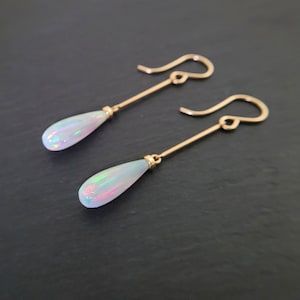 Opal Earrings • October Birthstone • Handmade Jewelry • Opal Long Dangle Earrings • Gold Opal Earrings • Dainty Gemstone Earrings • Minimalist Earrings
