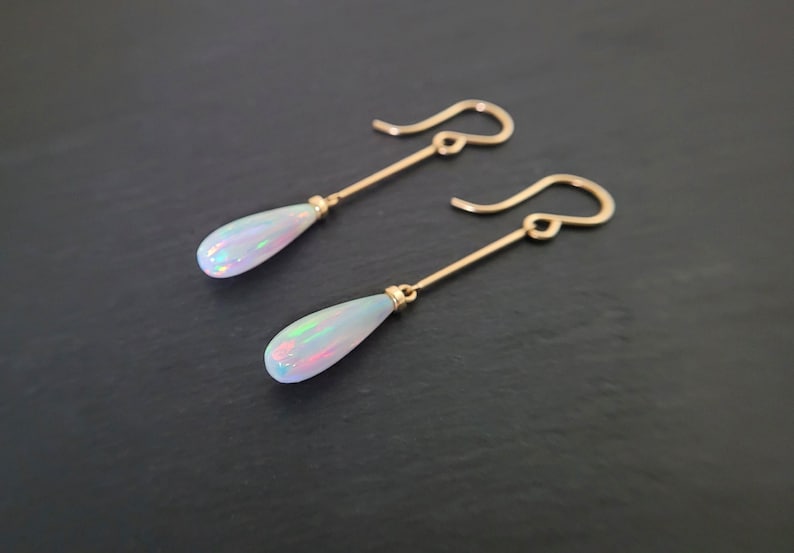 Opal Earrings • October Birthstone • Handmade Jewelry • Opal Long Dangle Earrings • Gold Opal Earrings • Dainty Gemstone Earrings • Minimalist Earrings