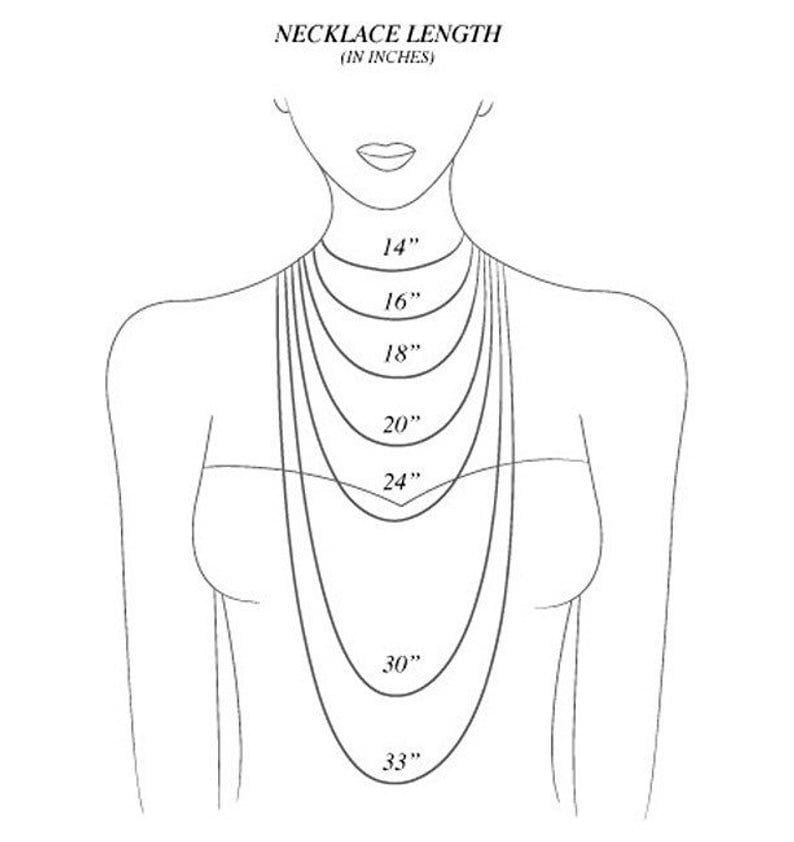 May include: A diagram showing different necklace lengths in inches, from 14 inches to 33 inches, on a model's neck.