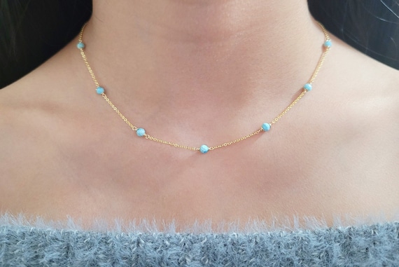 Larimar Necklace, Gemstone Choker /Handmade Jewelry/ Beaded Choker, Simple Gold Necklace, Gemstone Necklace, Necklaces for Women, Layered