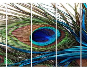 PEACOCK FEATHER wall art print, Ready to hang 5 piece set framed(mounted) on fiberboards/better than stretched canvas arts/3 Huge Sizes