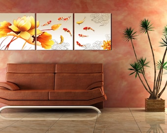 Lotus Flowers& Koi Fish/FengShui Inspired ready to hang 3 piece wall art print mounted on fiberboard/better than stretched canvas