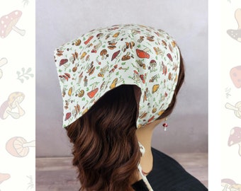 No-slip kerchief, bright mushroom bandana, head scarf with ties, minimalist headscarf, cottagecore gift