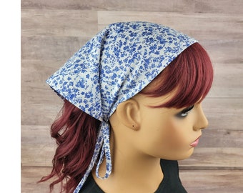 Floral Kerchief, cottagecore bandana, headscarf with Ties, blue head scarf