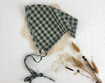 Cottage kerchief, forest plaid bandana, head scarf with ties, garden hair cover