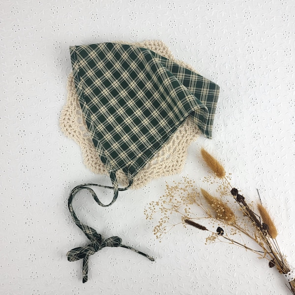 Cottage kerchief, forest plaid bandana, head scarf with ties, garden hair cover
