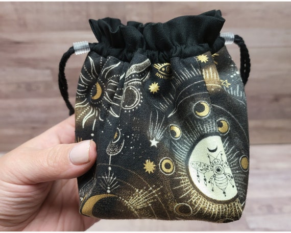 Dice bag with square bottom and drawstring, gift for MTG players, DnD accessory, celestial crystal bag