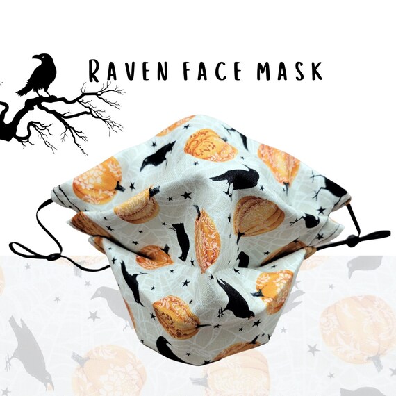 Raven print face mask, crow fabric, cotton face covering, nose wire, filter pocket, crow scrunchie